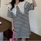 Short-sleeve Lace Collar Striped T-shirt Dress