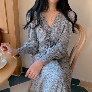 Flower Print Drawstring Long-sleeve Midi Shift Dress