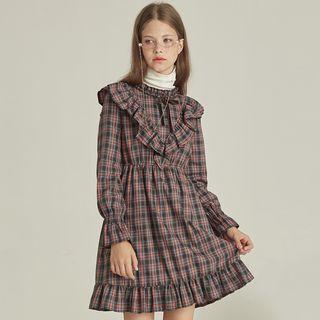 Plaid Long-sleeve A-line Ruffle Dress