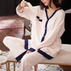 Loungewear Set : Contrast Trim Long-sleeve Shirt + Pants
