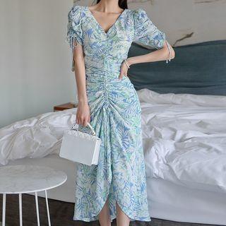 Flower Print Short-sleeve Drawstring Sheath Dress