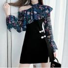 Set: Cold-shoulder Floral Print Mini Qipao Dress + Shorts