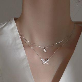 Butterfly Rhinestone Pendant Layered Choker Silver - One Size