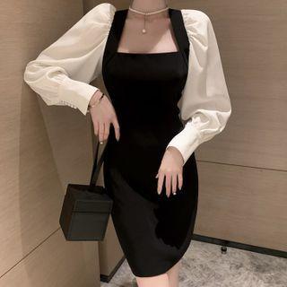 Two-tone Lantern-sleeve Mini Sheath Dress