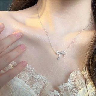 Bow Rhinestone Pendant Stainless Steel Necklace 1 Pc - Silver - One Size