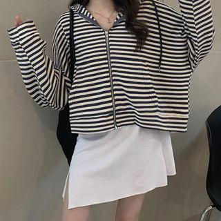 Striped Zip-up Hooded Jacket / Sleeveless Mini Dress