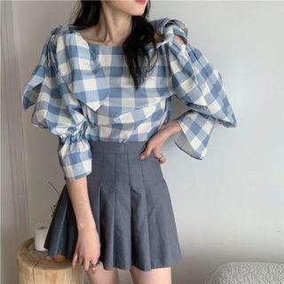 3/4-sleeve Gingham Check Bow Blouse / Pleated Mini Skirt / Set