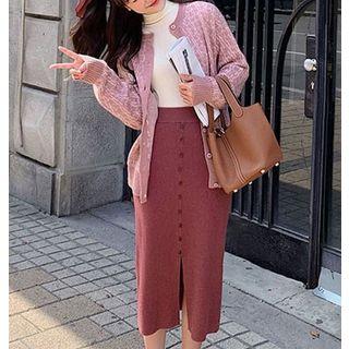 Slit Buttoned Midi Fitted Skirt