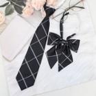 Set: Plaid Neck Tie & Bow Tie Set Of 2 - Neck Tie & Bow Tie - Plaid - Black - One Size