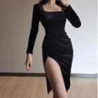 Plain Square Neck Long Sleeve Skinny Dress