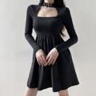 Long-sleeve Buckled Collar A-line Dress