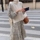 Set: Long-sleeve Printed Midi A-line Dress + Turtleneck Sweater Vest