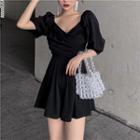 Elbow-sleeve V-neck Skorts Black - One Size