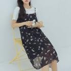 Short-sleeve T-shirt / Spaghetti Strap Floral Print Dress / Set