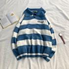 Striped Lettering Knit Polo Shirt