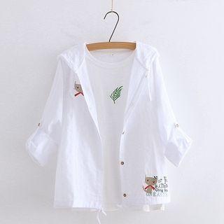 Cat Embroidered Hooded Shirt