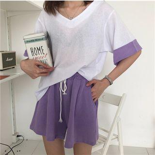 Set: Color-block Loose-fit Short-sleeve T-shirt + High-waist Shorts
