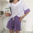 Set: Color-block Loose-fit Short-sleeve T-shirt + High-waist Shorts