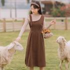Mock Neck Knit Top / Overall Midi A-line Dress / Set