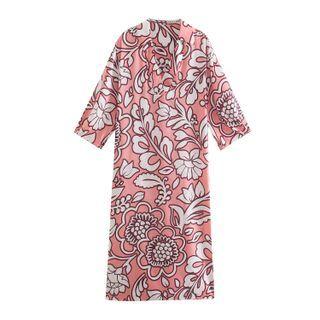 Elbow-sleeve Flower Print Collared Midi Sheath Dress