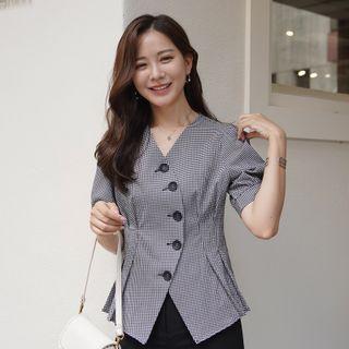 Pintuck Button-detail Gingham Blouse
