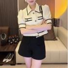 Set: Puff-sleeve Collar Contrast Trim Top + High Waist Shorts