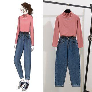 Set: Mock Neck Top + Denim Wide-leg Pants