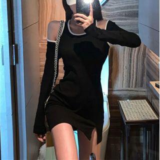 Long-sleeve Round-neck Off-shoulder Plain Slit Dress