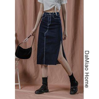 Side-slit Denim Midi Skirt