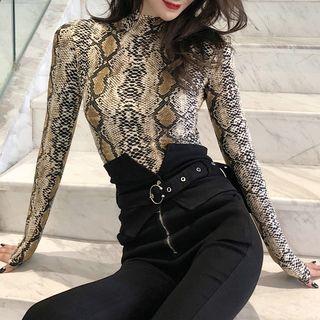 Mock-neck Patterned Long-sleeve Knit Top