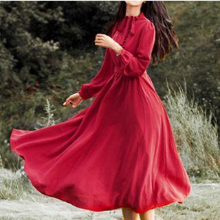 Balloon-sleeve Tie-neck Midi A-line Dress