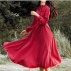 Balloon-sleeve Tie-neck Midi A-line Dress