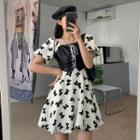 Puff-sleeve Lace-up Bow Print A-line Dress