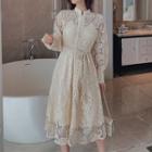 Long-sleeve Perforated Lace Midi A-line Dress
