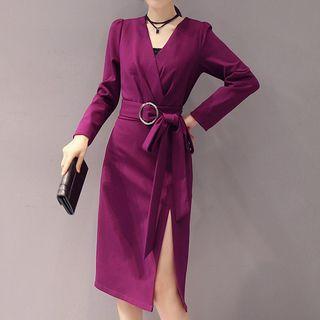 Long-sleeve V-neck Tie Waist Slit Dress