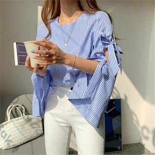 Tie-sleeve Striped Top Sky Blue - One Size