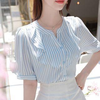 Open-placket Ruffled Stripe Blouse