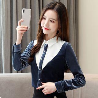 Long-sleeve Paneled Velvet Shirt