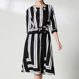 Striped Elbow-sleeve A-line Midi Dress