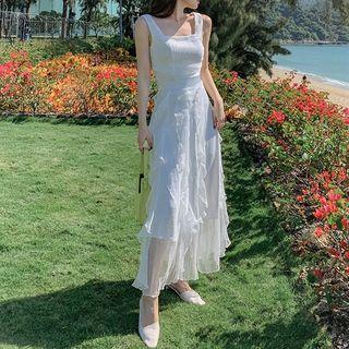 Set: Square-neck Tank Top + Ruffled Maxi A-line Skirt
