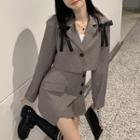 Bow Accent Long-sleeve Cropped Blazer / High-waist Asymmetrical Accordion Pleat Mini Skirt