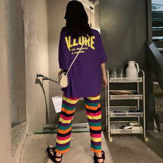 Elbow-sleeve Letter T-shirt + Striped Straight-fit Pants
