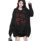 Embroidered Drawstring Sweater Black - One Size