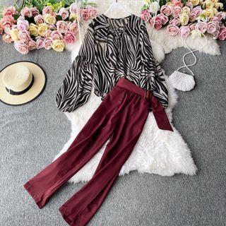 Set: Puff-sleeve Print Blouse + Pants