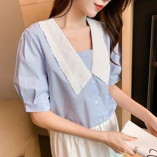 Short-sleeve Contrast Collar Chiffon Top