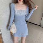 Long-sleeve Frill Trim Knit Mini Sheath Dress