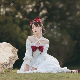 Set: Long-sleeve A-line Dress + Bow Belt