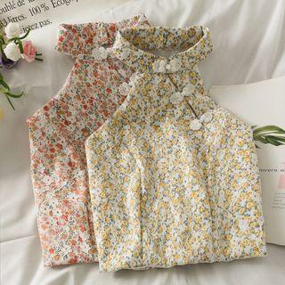Knot-button Printed Lace Halter Top