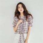 Inset Scarf Puff-sleeve Plaid Blouse
