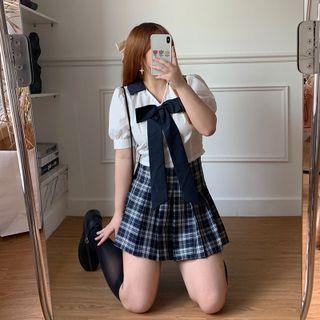 Short-sleeve Open-collar Bow Blouse
